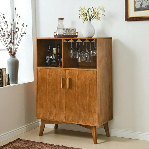 GZXS Farmhouse Wine Cabinet, Rustic Liquor Storage Credenza with Wine Rack, Stemware Holder, Door Racks & Adjustable Shelves, 31.5" Kitchen Buffet Coffee Bar Cabinet, Solid Wood Handles & Legs