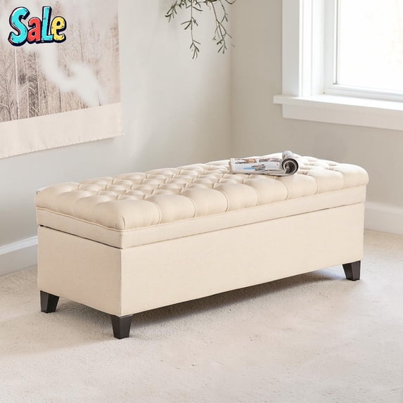GZXS Flip-Top Storage Bench, 50" Upholstered Fabric Ottoman with Spacious Hidden Storage, Multi-Functional Footrest and Extra Seating for Living Room, Bedroom, or Entryway (Beige)