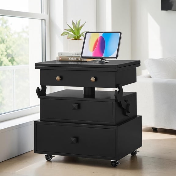 GZXS Flip-Top Storage End Table with Built-in Power Station & 2 Drawers, Height-Adjustable MDF Rolling Table with Brake Casters, High Gloss Black Finish Work/Dining Sofa Table, Easy Assembly