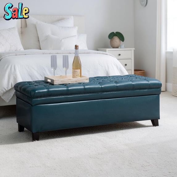 GZXS Flip-Top Upholstered Storage Ottoman Bench in Teal PU Leather & Black Wood Legs, Hidden Storage & Extra Seating for Living Room or Bedroom, 50"L x 20.5"W x 18.25"H