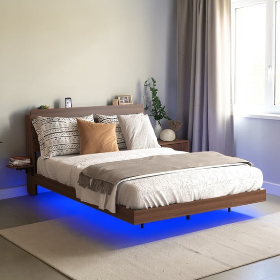 GZXS Floating Bed Frame with RGB LED Lights & Charging Station, Queen Size Platform Bed with Storage Headboard and Foldable Side Panels, USB & Type-C Ports, Modern Design, Walnut