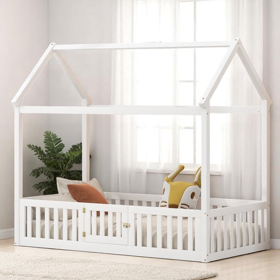 GZXS Floor Bed, Twin Size House Bed with Fence and Door, Pine Wood Frame with Roof, No Slats, White