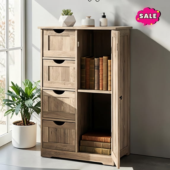 GZXS Floor Cabinet with Door and 4 Drawers, Storage Cabinet with Adjustable Shelf, Freestanding Bathroom Cabinet, Easy Assembly, Washed Gray