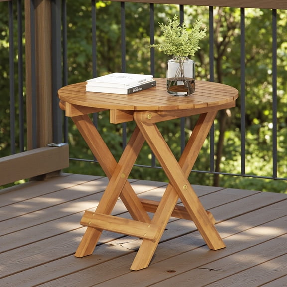 GZXS Foldable Acacia Wood End Table, Adjustable Round Sofa Tray Side Table in Teak Finish, 175lbs Weight Capacity, No Assembly Required