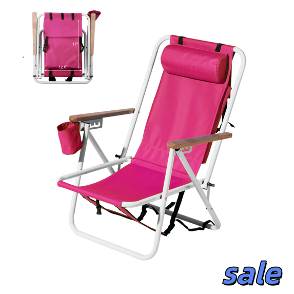 GZXS Folding Beach Chair, 4 Positions Adjustable Backrest Chair with Cup Holder & Headrest, Backpack Camping Chair for Outdoor, Picnic, Lawn, Pink