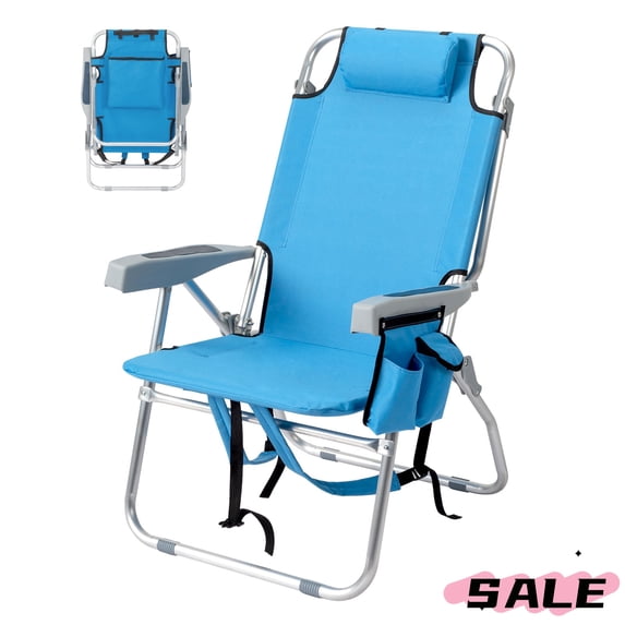 GZXS Folding Beach Chair, 5 Position Lay Flat Chair, Backpack Camping Chair with Side Pocket & Cooler Bag for Lawn Patio Travel, 220 lbs Capacity, Blue