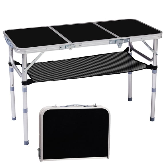 GZXS Folding Camping Table with Storage Net, 3ft Aluminum Foldable Table with 3 Adjustable Height, Portable Picnic Table for Outdoor Backyard BBQ, Black