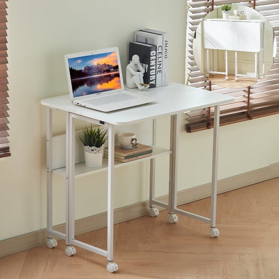 GZXS Folding Computer Desk with Storage Shelf and Rolling Wheels, 31.5" Compact White Writing Desk for Small Space, Home Office, Study, Bedroom