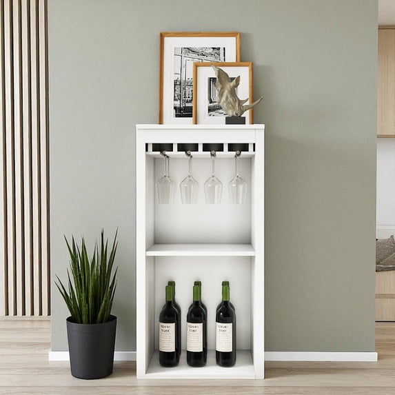GZXS Freestanding Modular Wine Cabinet with Glass Holder and Open Storage Shelf, Multi-Purpose Storage Organizer for Home Bar, Kitchen, or Dining Room, 17.8"L x 15.95"W x 35.43"H, White