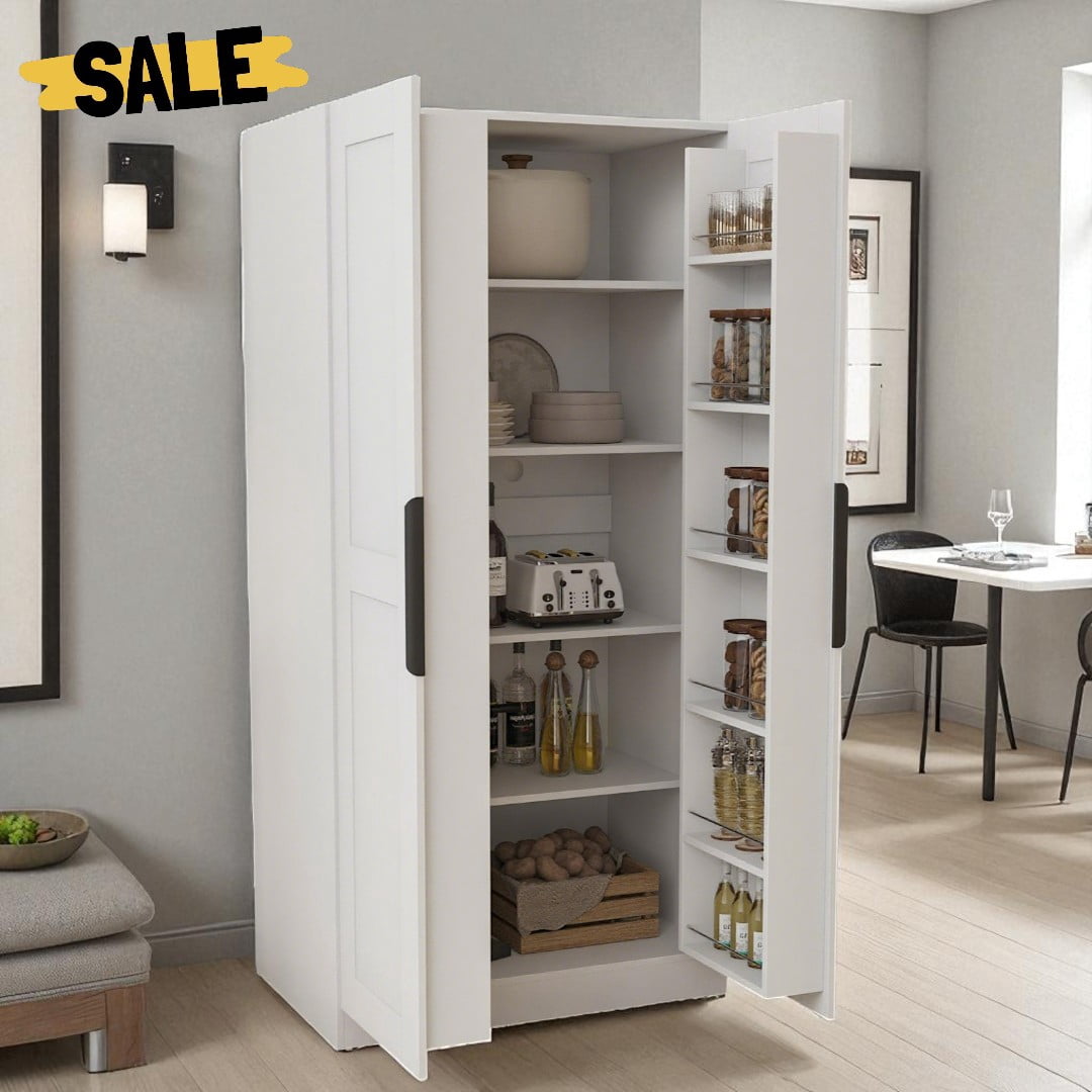 GZXS Freestanding White Kitchen Pantry Cabinet with Door Racks, and Back Cable Management, 5-Tier Wooden Storage Cupboard, 31.5"L x 21.65"W x 62.99"H