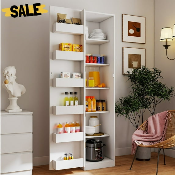 GZXS Freestanding White Pantry Cabinet with Door Racks and Adjustable Shelves, Narrow Kitchen Storage Cupboard for Home, Bathroom, Kitchen, Living Room - 15.75"L x 15.75"W x 70.87"H