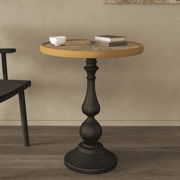 GZXS French Country Round End Table with Metal Pedestal Base, Retro Accent Side Table with Radial Pattern MDF Top for Living Room, Bedroom, Restaurant - 15.75"Dia x 24.4"H, Natural