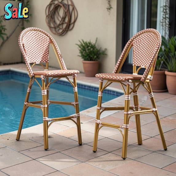 GZXS French Inspired Barstools Set of 2 - Aluminum Frame Pub Chairs with PE Rattan Wicker Seat & Back - 29.5" Seat Height for Patio, Cafe, or Bistro (Rust Red+White)