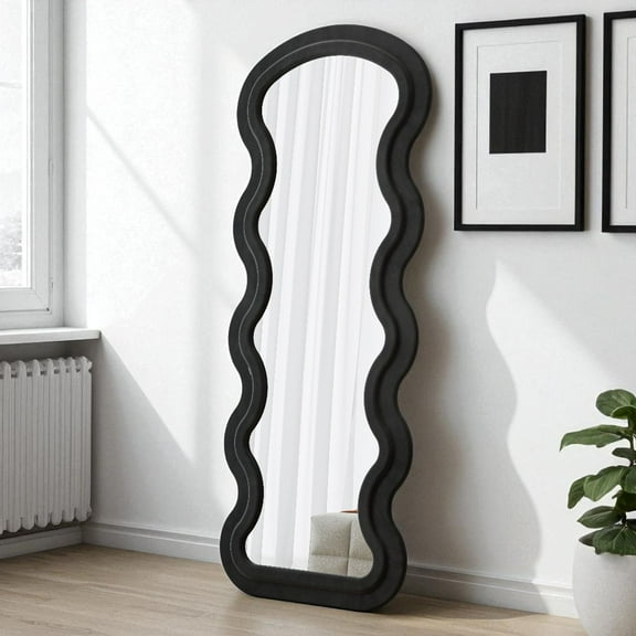 GZXS Full-Length Floor Mirror with Flannel-Covered Wooden Frame and Stand – 63"x24", Wall Mounted or Freestanding, Wavy Design Decorative Mirror for Bedroom, Living Room, Dressing Room (Black)
