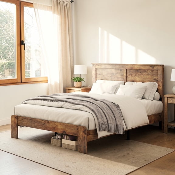 GZXS Full Size Bed Frame with Headboard, Wood and Metal Platform Bed with Strong Slat Support, Under Bed Storage Space, Easy Assembly, No Box Spring Needed, Dark Brown