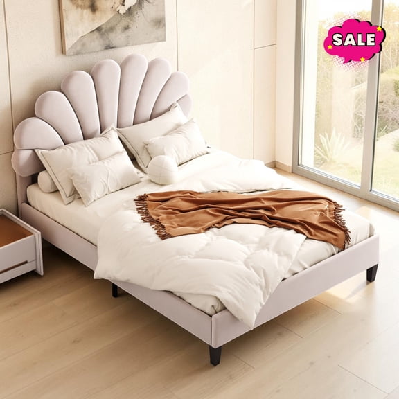 GZXS Full Size Bed Frame with Flower Pattern Velvet Headboard, Upholstered Platform Bed for Bedroom, No Box Spring Needed, Beige
