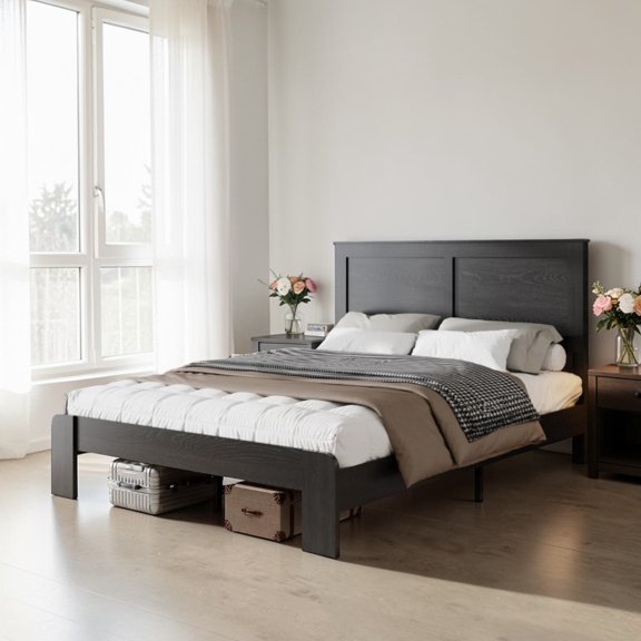 GZXS Full Size Platform Bed Frame with Headboard, Heavy Duty Slats Support, 6.3" Under Bed Storage, Easy Assembly, Antique Black