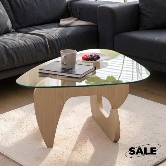 GZXS Glass Top Coffee Table, 35.8" Modern Center Table for Living Room, Easy Assembly, Clear & Natural