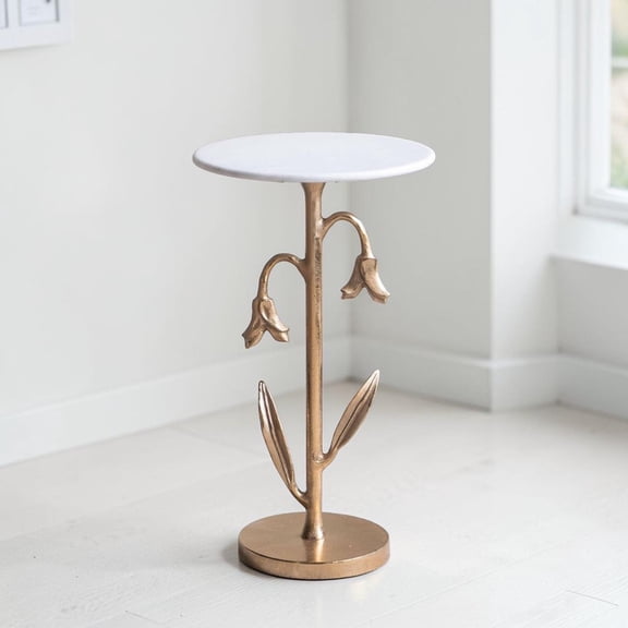 GZXS Gold Aluminum Side Table, 14" Round Pedestal End Table with White Marble Top and Tulip Accent, for Living Area or Home Decor