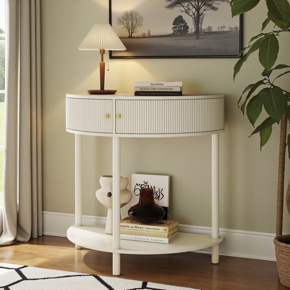 GZXS Half Moon Shaped Accent Console Table with Fluted Door Fronts, 31.5" Demi-Lune Entryway Table with Storage Cabinets and Bottom Shelf, for Hallway, Foyer, Living Room (Cream White)