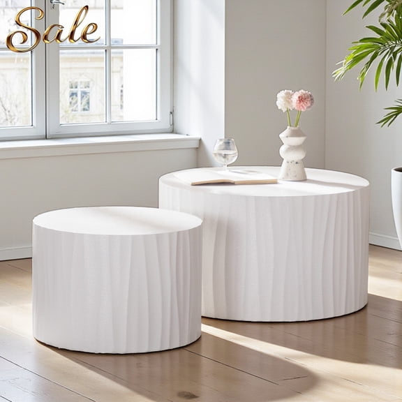 GZXS Handcrafted Relief Nesting Coffee Tables Set of 2 - Modern Embossed Round Accent MDF Tables, Fully Assembled, Beige, No Assembly Required (26.77" & 19.68")