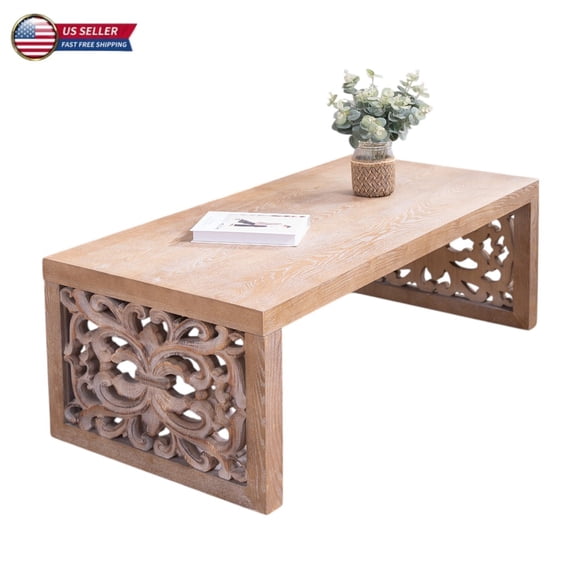 GZXS Handcrafted-Style Coffee Table, 47 Inch Carved Wood Center Table with Decorative Panels for Living Room, Lounge, Entryway (Natural)