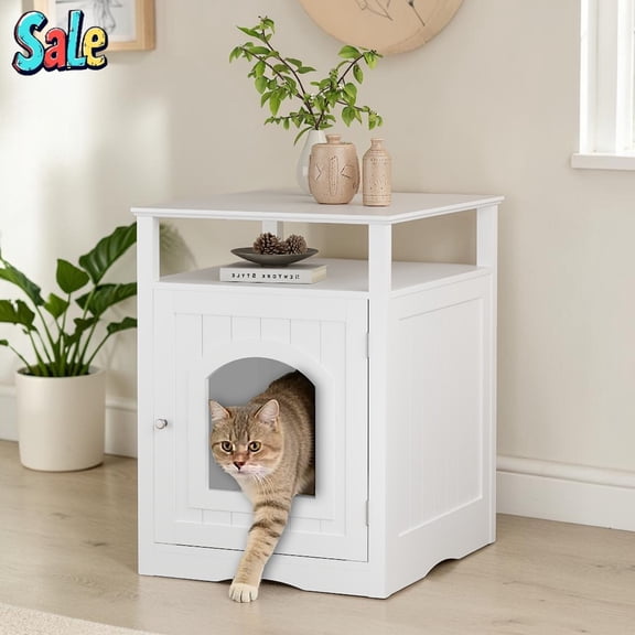 GZXS Hidden Litter Box Enclosure, Wooden Cat Condo End Table with Open Shelf & Side Hook, Arched Cat Access Door, for Living Room/Bedroom, White, 18.9"L x 20.87"W x 24.8"H