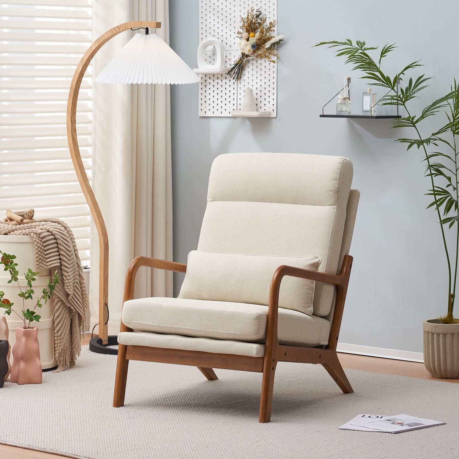 Beige Linen High Back Accent Chair with Wood Armrest