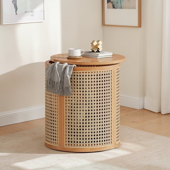 GZXS Hollow Woven End Table, 15.7" Imitation Rattan Accent Table with Rubber Wood Top and MDF Base, for Living Room/Entryway/Bedroom (Natural)