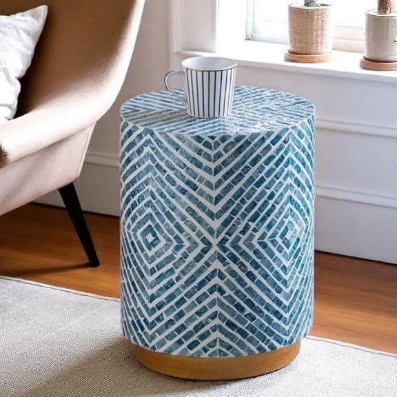 GZXS Indoor Decorative Side Table with Gold Base, 14"Dia x 18"H, Blue and White Capiz Inlay Cylindrical Accent Stool (Blue and White)