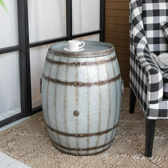 GZXS Industrial Metal Drum Side Table with Removable Tray Top - Rustic 22.5" Round Storage Barrel End Table in Antique Gray Finish with Ring-Handles for Living Room or Entryway