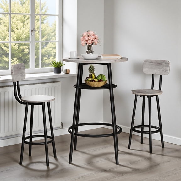 GZXS Industrial Pub Dining Set, 3 Piece Small Round Kitchen Table Set with 2 Counter Height Bar Stools for Kitchen Breakfast, Living Room, Small Space, Gray+Black