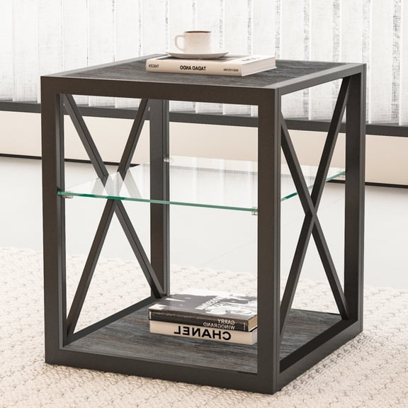 GZXS Industrial Side Tables, Compact 3-Layer Storage End Tables with Tempered Glass Shelf and Metal Frame, Rustic Wood Grain MDF Top & Bottom Shelf