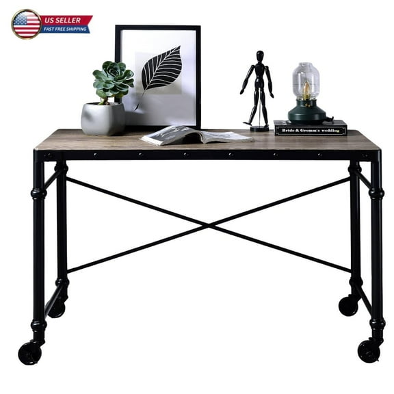 GZXS Industrial Writing Desk on Wheels, 47" Modern Rectangular Computer Desk with Metal Frame and Nailhead Accents, Mobile Workstation for Home Office or Study (Rustic Oak & Black)