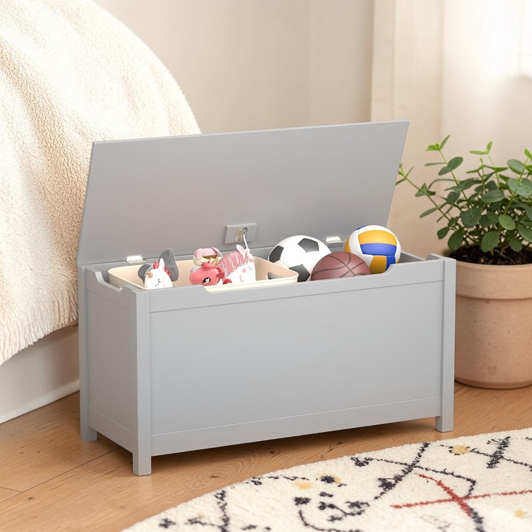 GZXS Wooden Toy Box Storage Chest, 31.5" Flip-Top Bench with Safety Hinged Lid, for Playroom & Bedroom Organization (Gray)