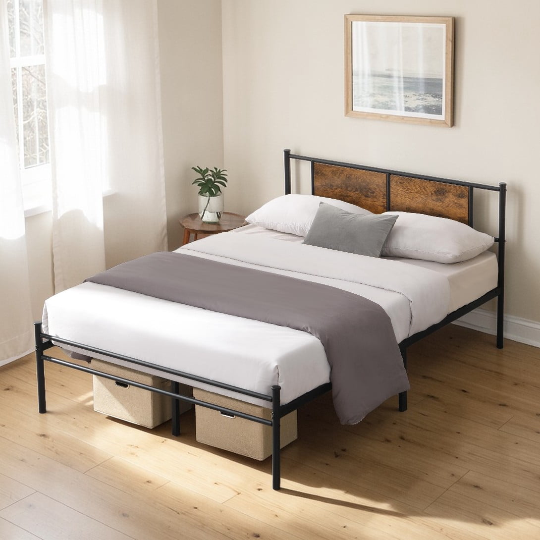 GZXS King Size Metal Platform Bed Frame with Wood Panel Headboard, 10.8" Under-Bed Storage, Noise-Free Steel Frame, No Box Spring Needed, Black & Brown