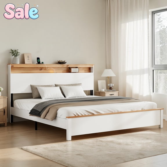 GZXS King Size Platform Bed Frame with Storage Headboard & Charging Station, LED Light Bed Frame with USB & Type-C Ports, Noise-Free Metal Slat Support, No Box Spring Needed, Antique White