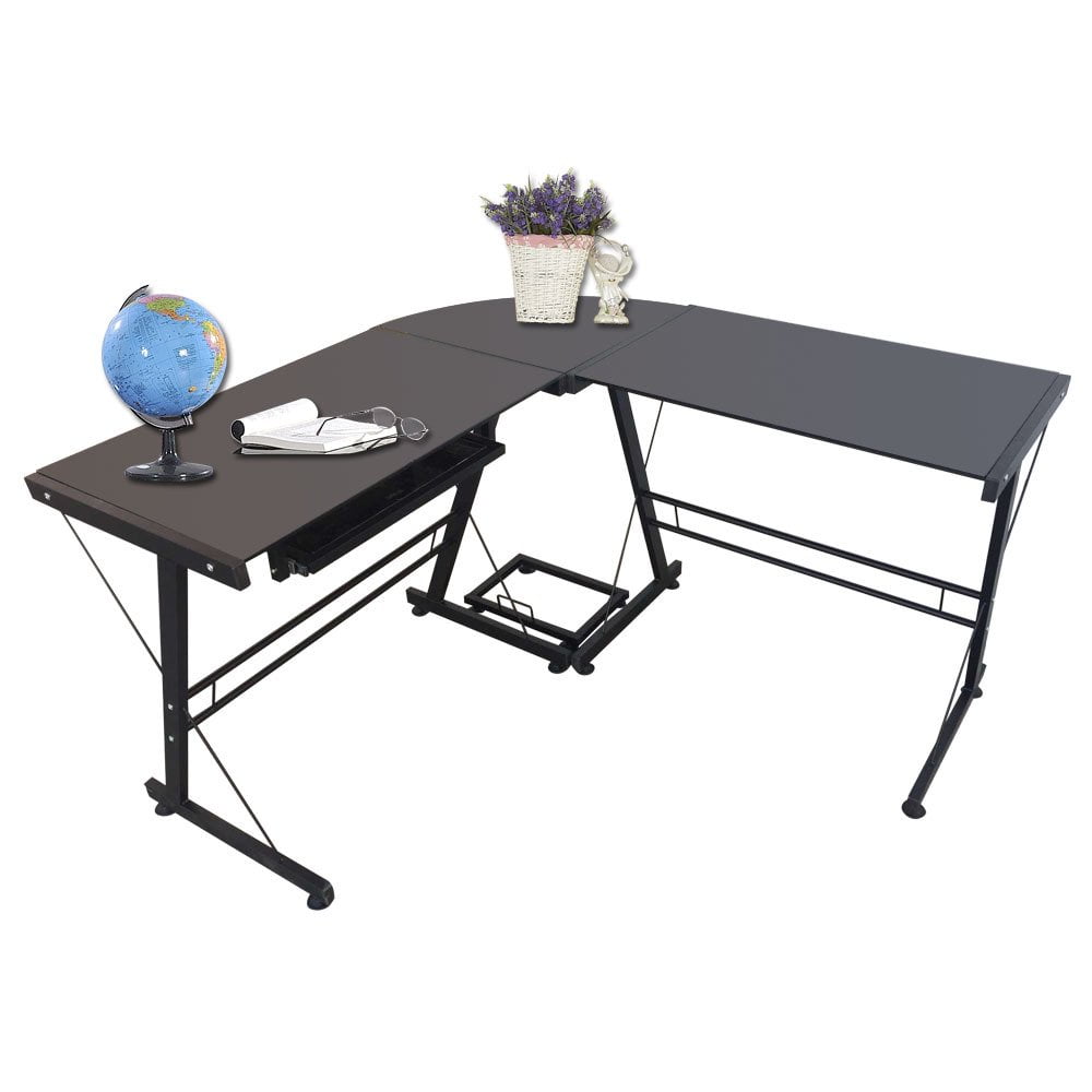 Computer Hold GZXS L-Shaped Corner Computer Desk with Glass Desktop, Keyboard Slide ...