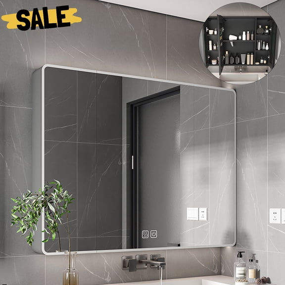 GZXS LED Bathroom Medicine Cabinet with 3 Mirror Doors, 35"x28" Wall Mounted or Recessed Aluminum Cabinet with Adjustable 3-Color Lights, Anti-Fog, Cosmetic Organizer & Hair Dryer Storage, Gray