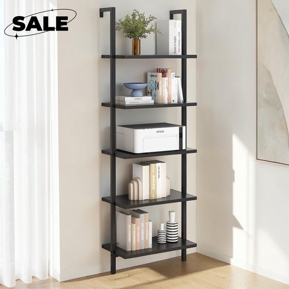 GZXS Ladder Bookshelf, 5 Tier Wall Mounted Bookshelves, Storage Rack with Metal Frame for Living Room, Bedroom, Black Walnut