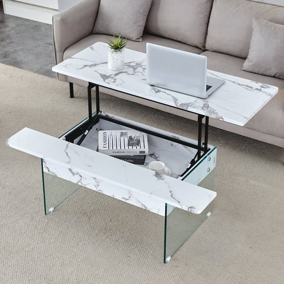 GZXS Lift Top Coffee Table with Clear Glass Legs and White Marbling MDF Desktop - Living Room Ergonomic Height Center Table with Hidden Storage, 43.3 Inches