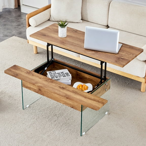 GZXS Lift Top Coffee Table with Tempered Glass Legs, Hidden Storage Space, Light Wood Grain Finish MDF Desktop, Modern Center Table for Living Room - 43.3"L x 23.6"W x 16.3"H