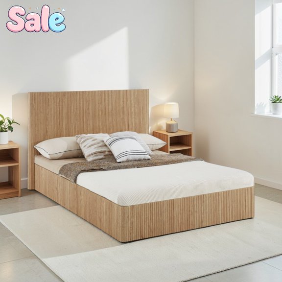 GZXS Lift-Up Platform Bed in Oak, Queen Size Storage Bed Frame with Fluted Headboard - Gas Spring Hydraulic Storage, No Box Spring Needed, Easy to Assemble