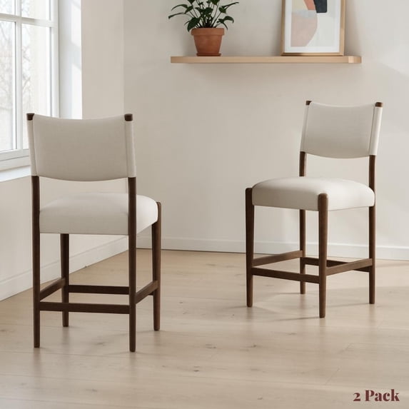GZXS Linen Upholstered Barstools Set of 2, 26.38" Counter Height Stools with Solid Rubber Wood Frame and with Reinforced Cross Supports – for Kitchen Island, Home Counter, Dining Space, Beige+Walnut