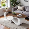 thumbnail image 1 of GZXS Living Room Table Set of 2 - 47" Oval MDF Top Coffee Table & C-Style Round Side Table, with Metal Base and Anti-Slip Adjustable Feet, Easy Assembly (Brown&White), 1 of 7