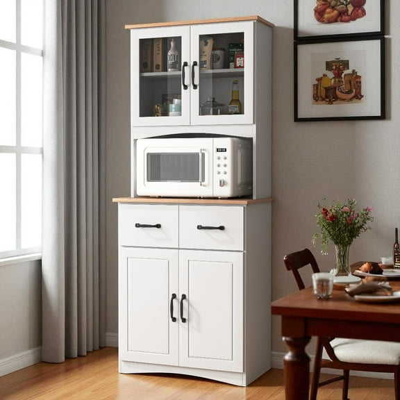GZXS Long Standing Kitchen Cabinet, 2 Storage Drawers, Large Open Space for Microwave, White