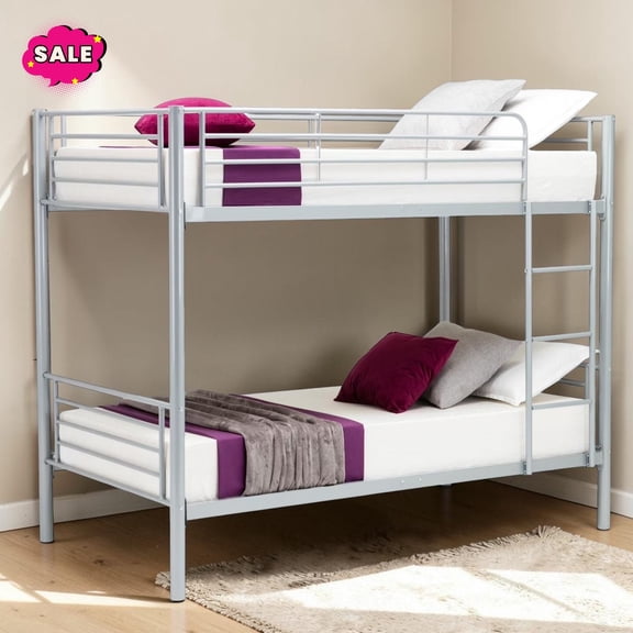GZXS Metal Bunk Bed Frame Twin Over Twin with Ladder and Guardrail, No Box Spring Needed, Gray