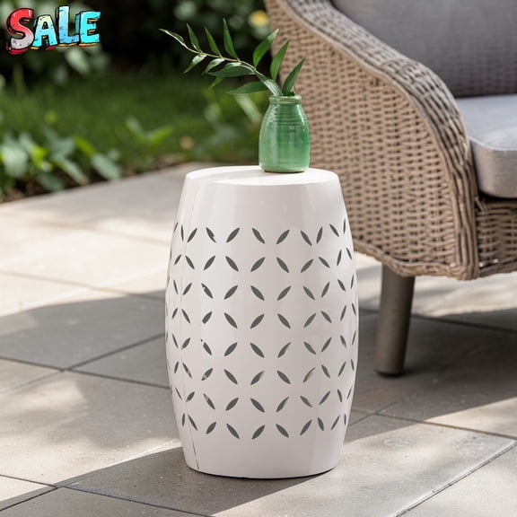 GZXS Metal Drum Side Table - 12.25" Round End Table with Geometric Cutout Pattern, for Living Space/Bedroom Nook/Patio Area, No Assembly Required, White