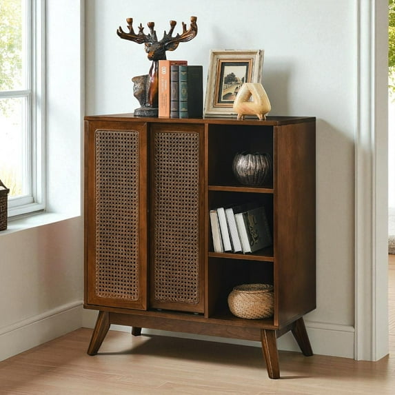 GZXS Mid-Century Accent Cabinet with 2 Sliding Rattan Doors, 31.5" Wooden Sideboard with Open Storage, Adjustable Shelves and Solid Wood Feet for Living Room, Entryway, Dining Room (Dark Walnut)