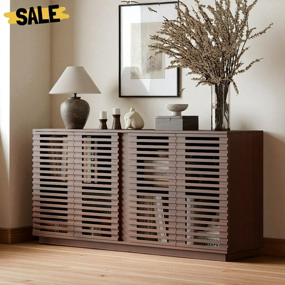 GZXS Mid-Century Buffet Sideboard with Solid Wood Slatted Doors, Adjustable Shelves, 59.92" Multi-Functional Storage Cabinet for Dining Room, Living Room, Dark Oak